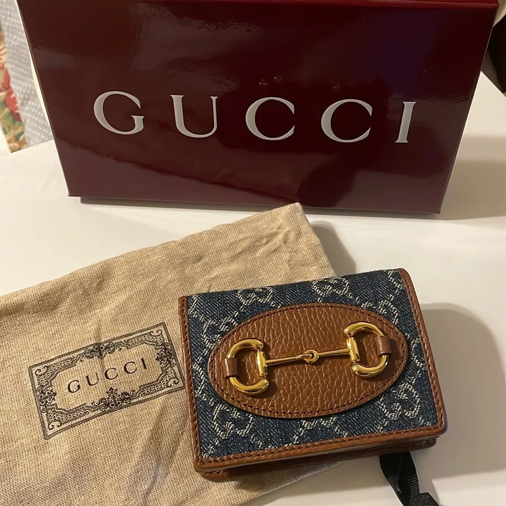 Gucci 1955 blue denim brown leather card holder - Picture 1 of 13